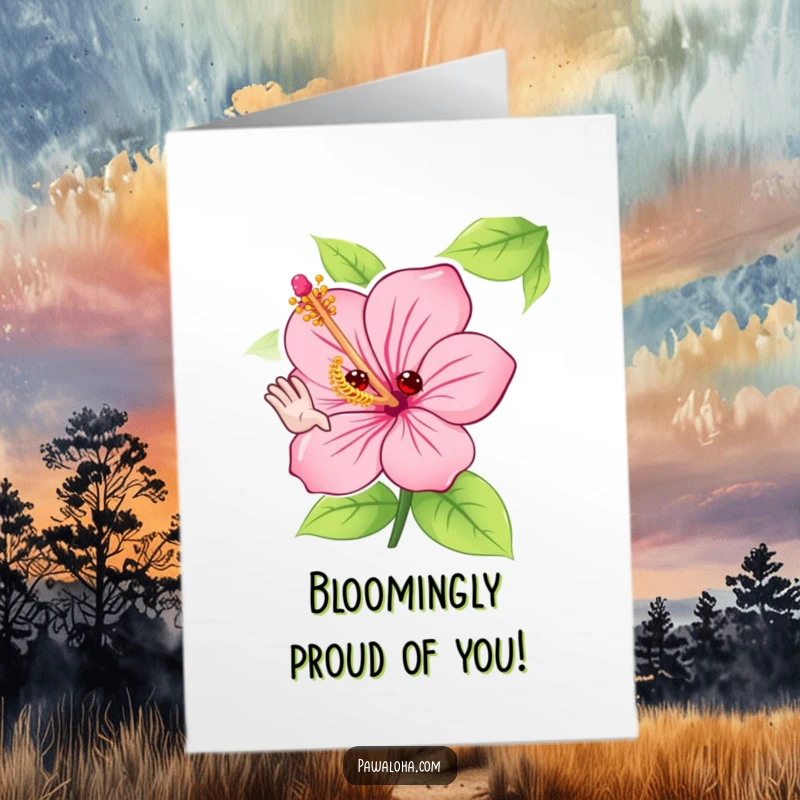 Funny Free Printable Congrats Card: Adorable hibiscus flower character waving hello with petals, celebrating achievements, perfect DIY downloadable.