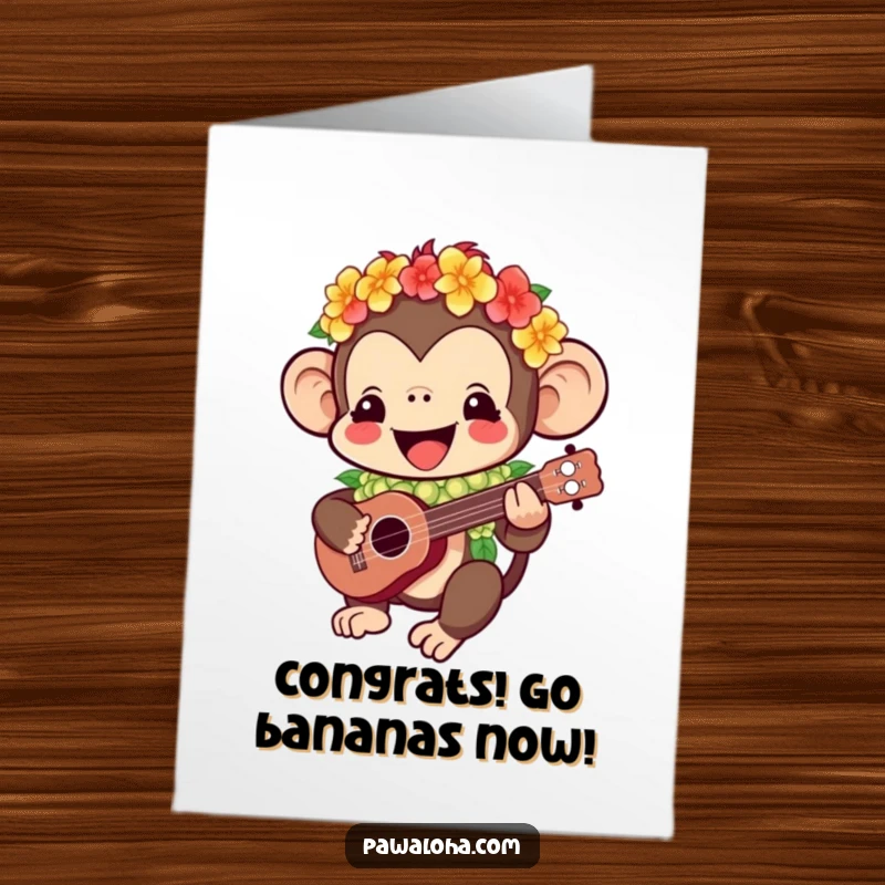 Funny Free Printable Congrats Card: Kawaii monkey in a lei playing ukulele, celebrating a tropical triumph.