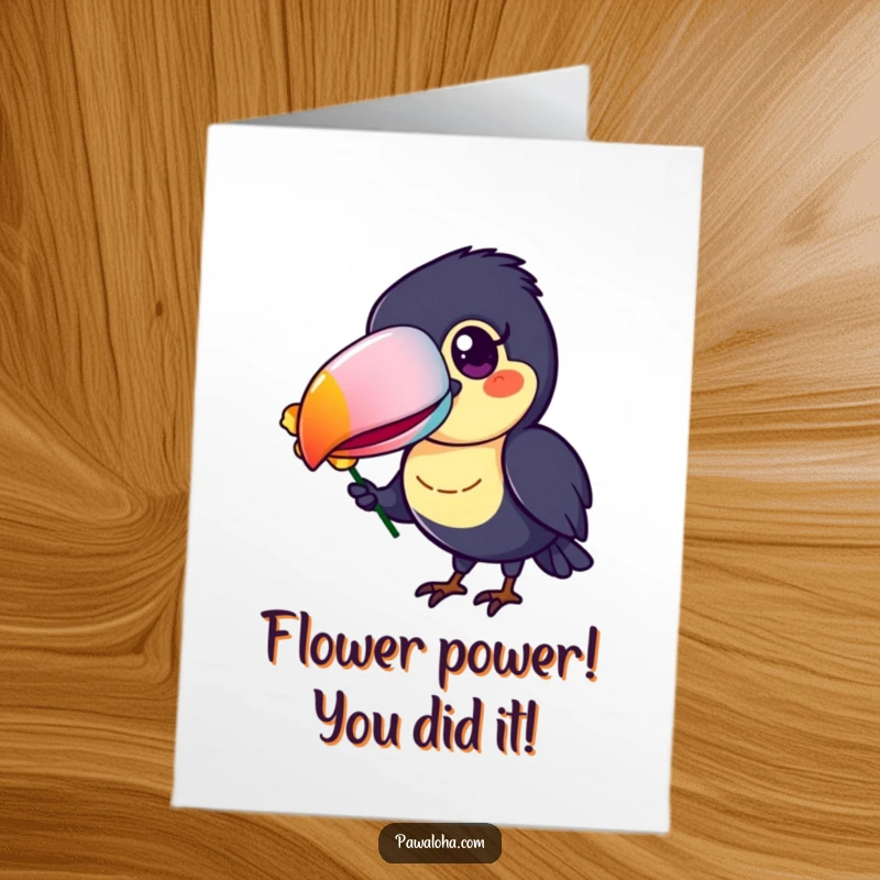 Funny Free Printable Congratulations Card with a cheerful toucan presenting a flower petal, its colorful beak a symbol of festive cheer, a downloadable.
