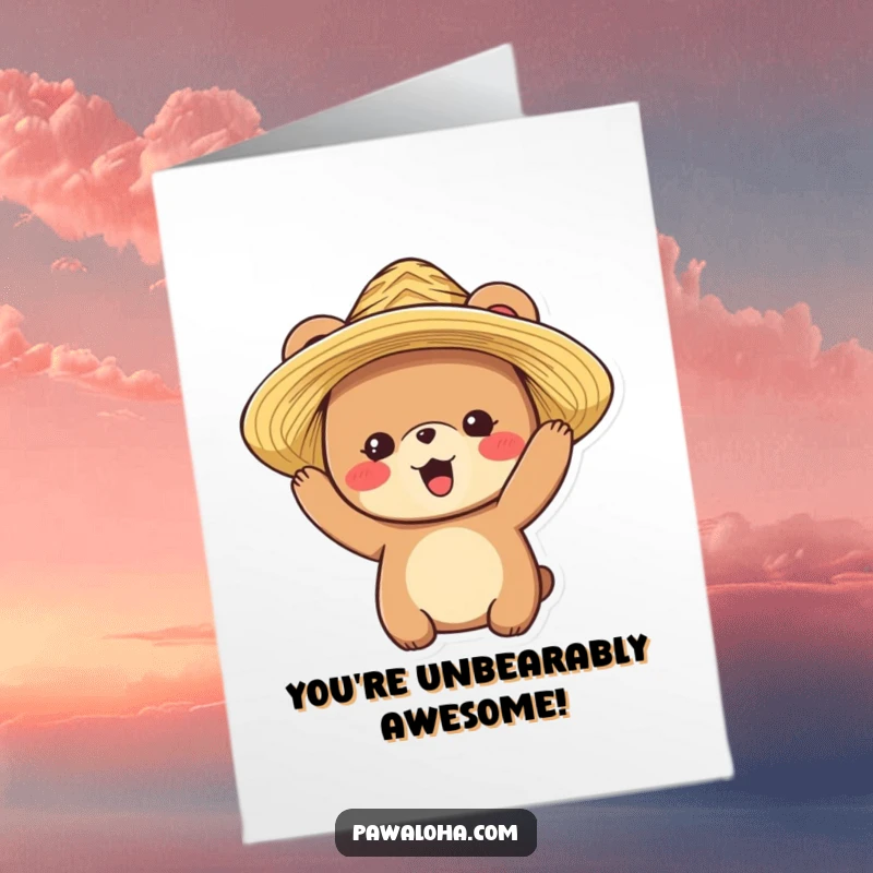 Funny Free Printable Congratulations Card: A bear character happily models a chic straw hat, looking proud.