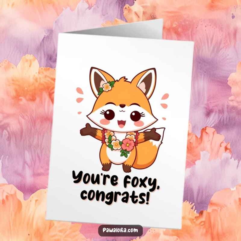 Funny Free Printable Congratulations Card: A fox wearing a lei, greeting with open arms, embodying warm congratulations.
