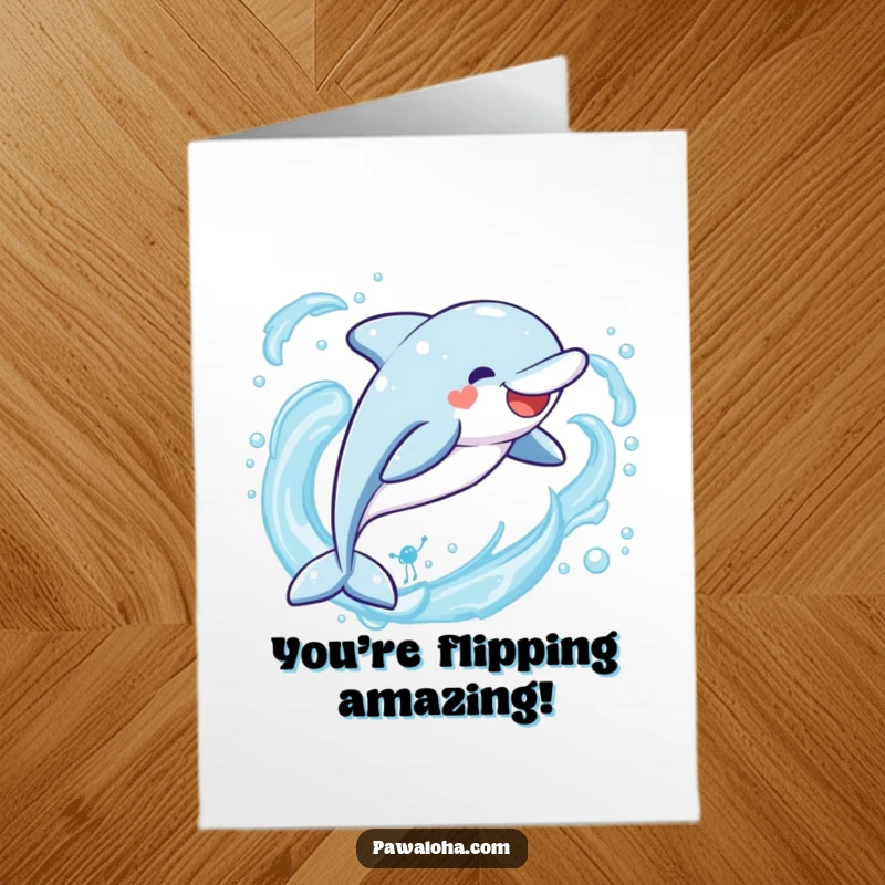 Funny Free Printable Congratulations Card: Kawaii dolphin mid-air, joyfully leaping over ocean waves, downloadable art.
