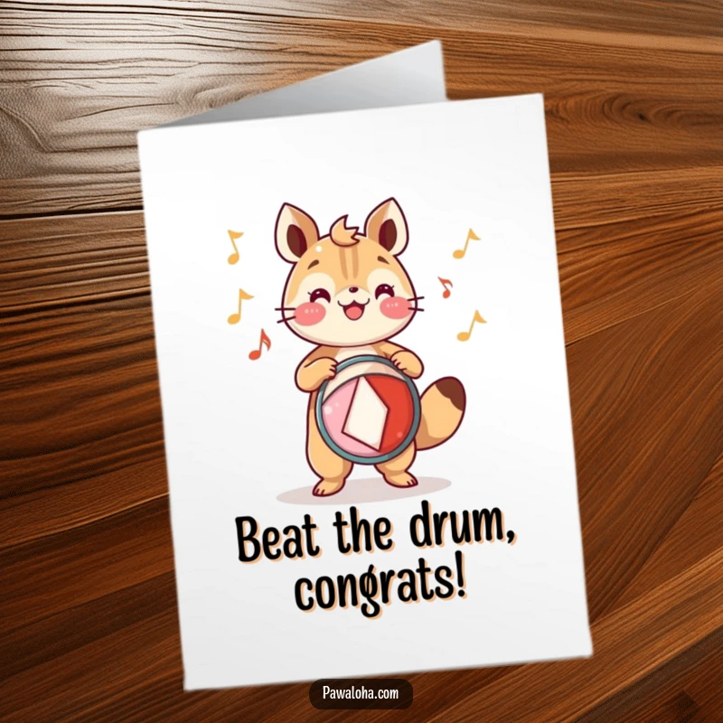 Funny Free Printable Congrats Card: Animal playing a festive drum with joy, a rhythmic way to congratulate, downloadable art.