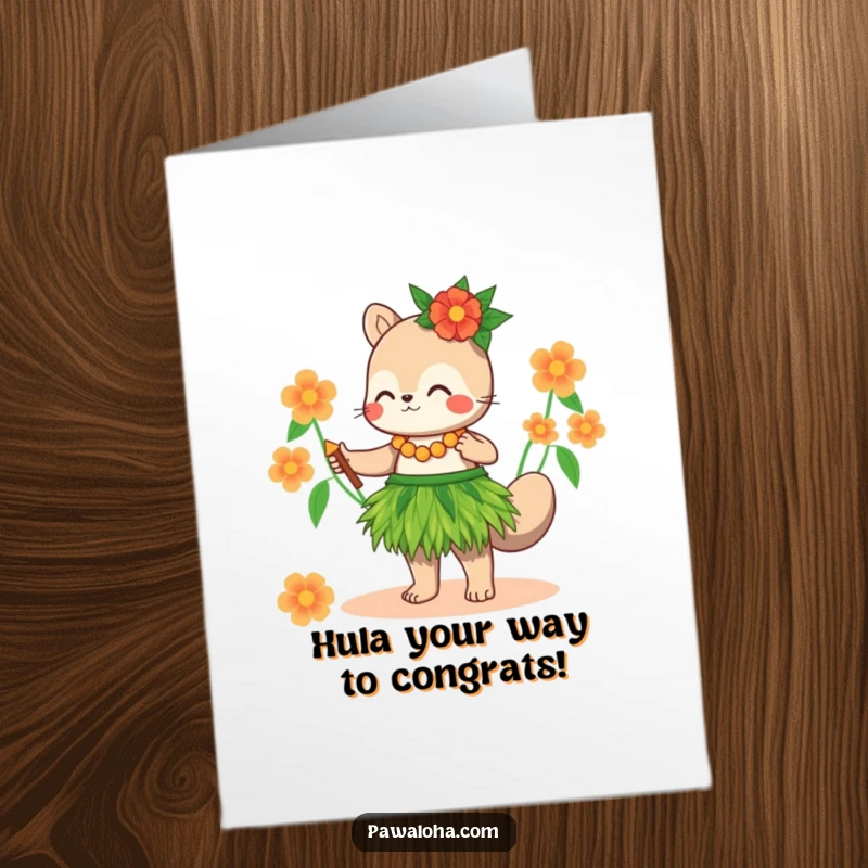 Funny Free Printable Congrats Card: Animal in grass skirt hula dancing, a festive way to congratulate, downloadable art.