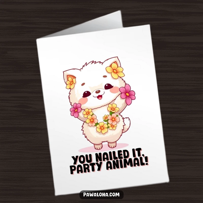 Funny Free Printable congratulations card showing a fluffy animal in a flower lei, dancing energetically to celebrate good news.