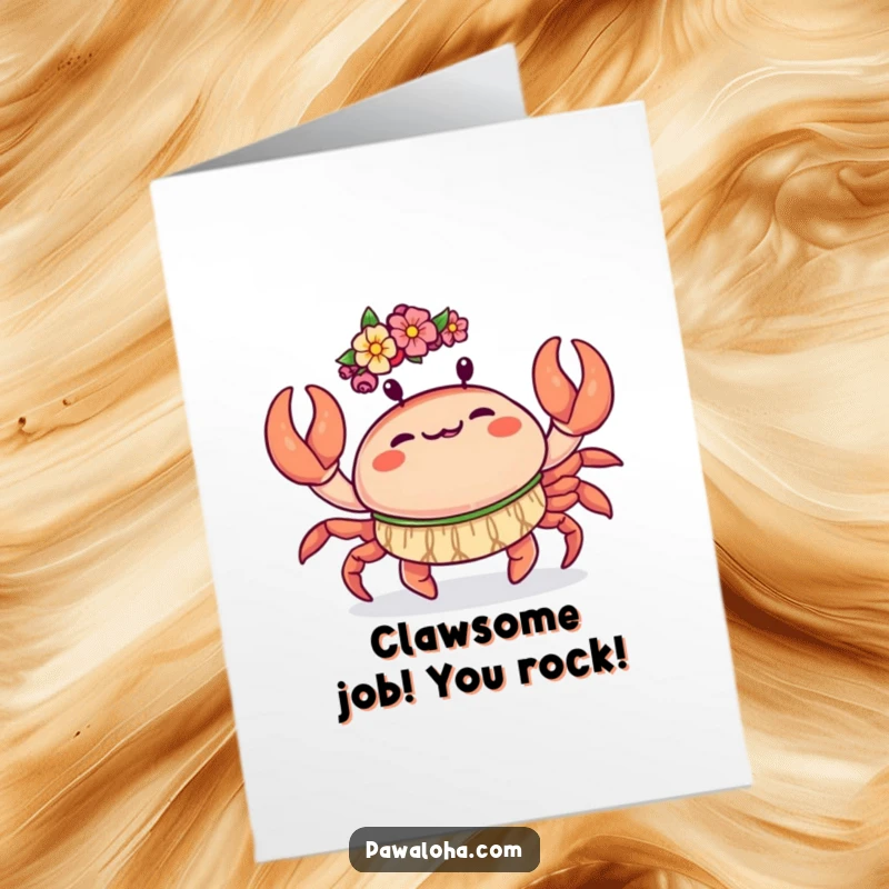 Funny Free Printable Congratulations Card: Kawaii crab enthusiastically performing a hula dance, claws in motion.