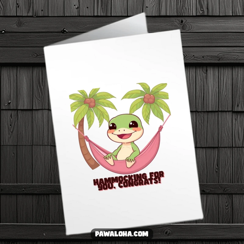 Funny Free Printable Congratulations Card: Gecko relaxing in a hammock, sending chill vibes and congratulations.
