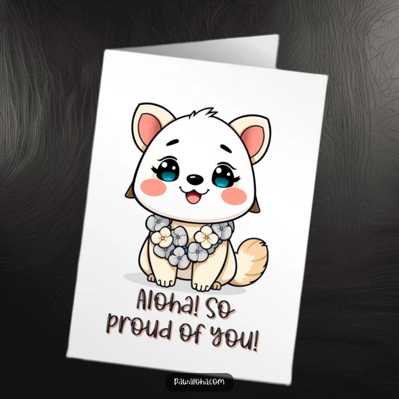 Funny Free Printable Congrats Card: Kawaii animal adorned with a lei, exuding pure, bright happiness.