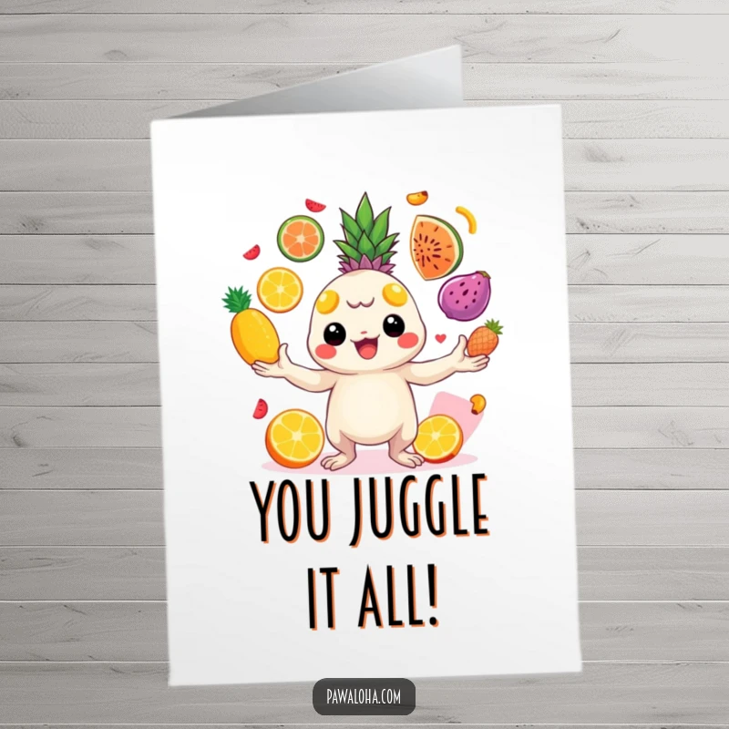 Funny Free Printable congratulations card of a creature skillfully juggling vibrant tropical fruits, showcasing impressive dexterity and joy.