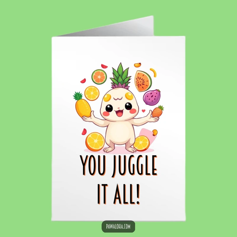 Free Printable Congrats Card Juggling Creature Tropical Fruits Download