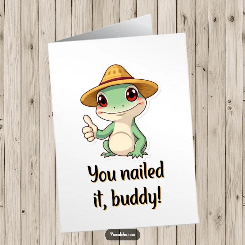Funny Free Printable Congrats Card: Happy gecko character in a straw hat giving a thumbs up, celebrating achievements, perfect DIY downloadable.
