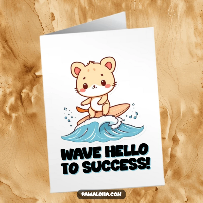 Funny Free Printable congratulations card showing a playful animal balancing perfectly on a tiny surfboard while riding a small wave.