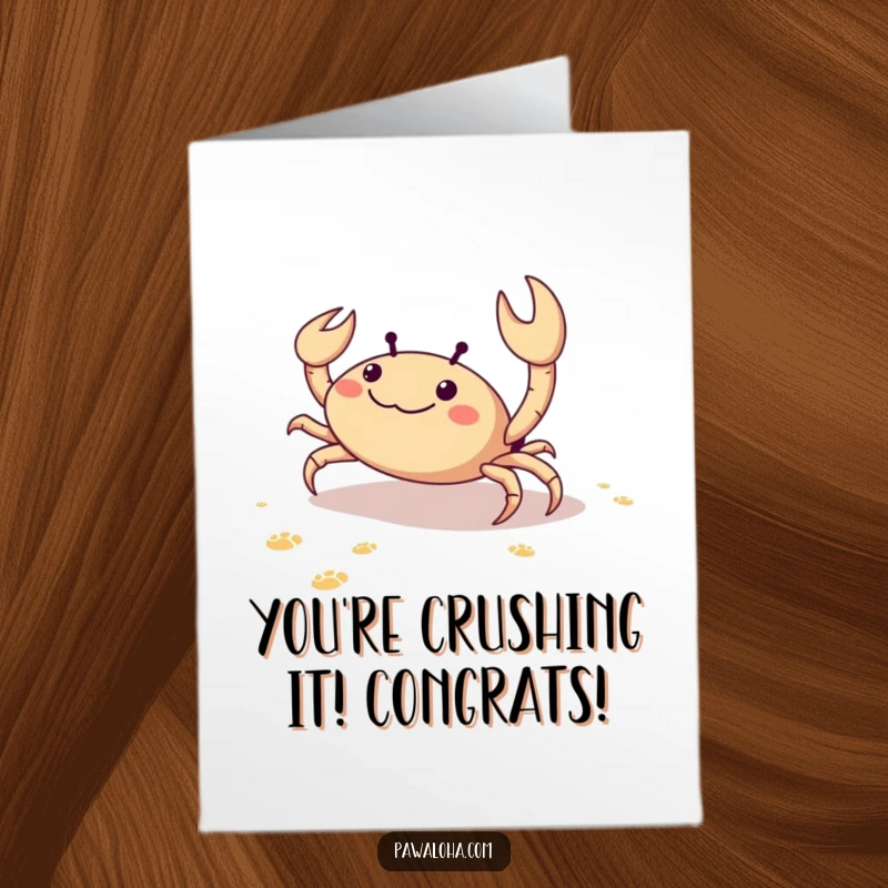 Free printable congratulations card showing a delighted crab moving sideways with a trail of footprints on the sand.