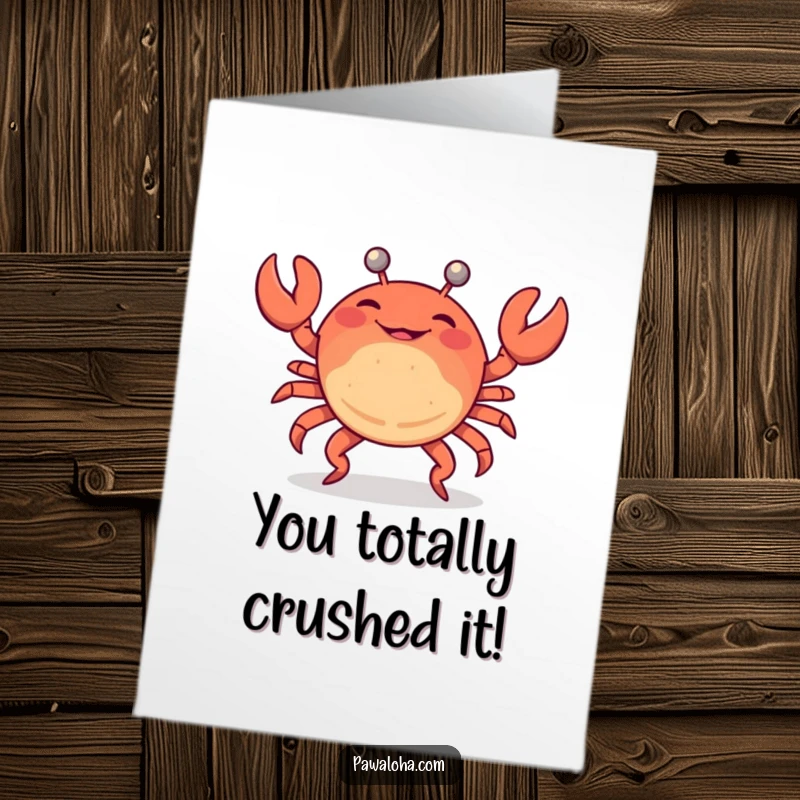 Funny Free Printable Congratulations Card: A crab happily dances under a low limbo bar, celebrating a successful achievement.