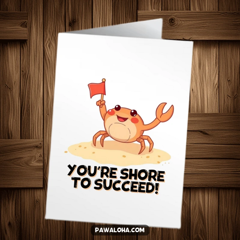 Funny Free Printable Congrats Card: Crab character energetically waving a small flag on a sunny beach. Downloadable art.