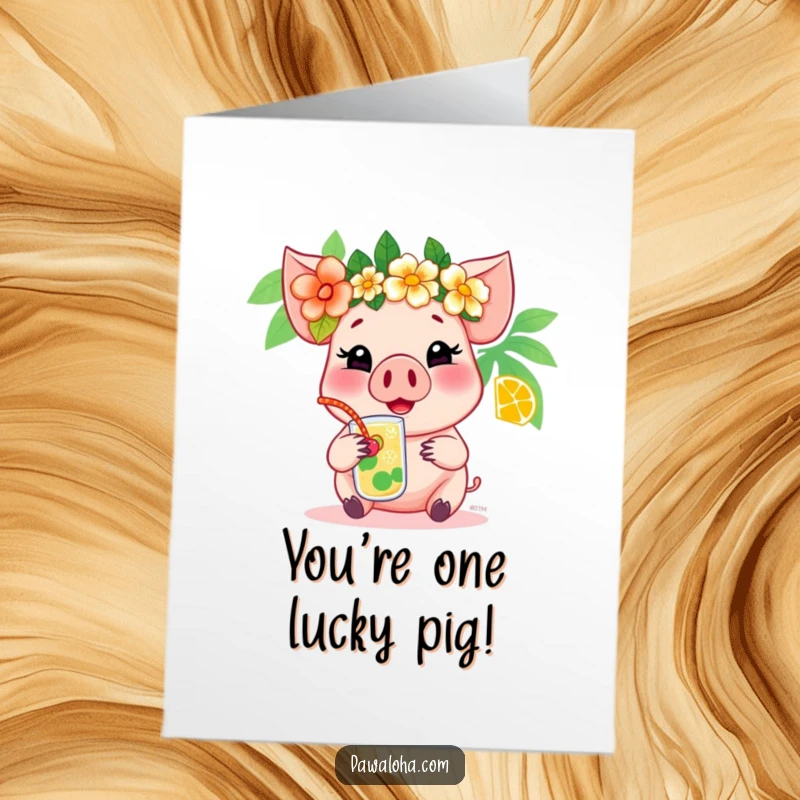 Funny Free Printable Congrats Card: Cheerful pig in a flower crown raising a tropical drink in celebration. Downloadable art.