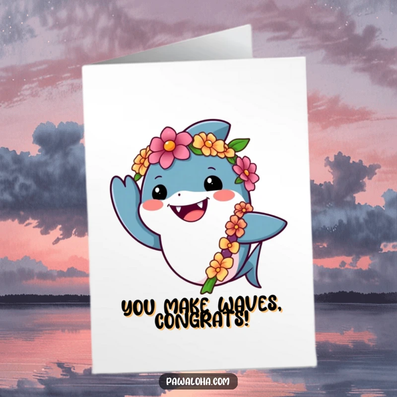 Funny Free Printable Congrats Card: Friendly shark in a lei waving happily, celebrating success. Downloadable art.