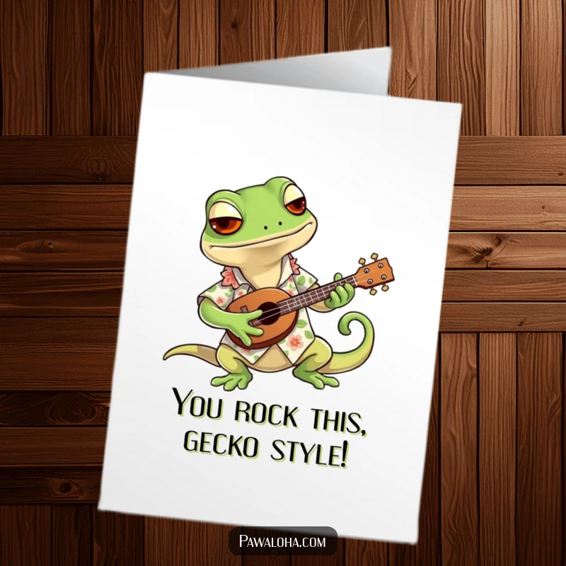 Funny Free Printable Congratulations Card: Gecko in Hawaiian shirt plays ukulele, sending groovy congrats.
