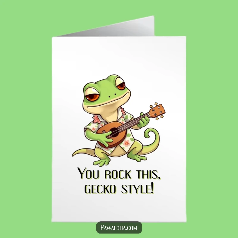 Free Printable Gecko Card: Strumming Congrats with Hawaiian Shirt Humor