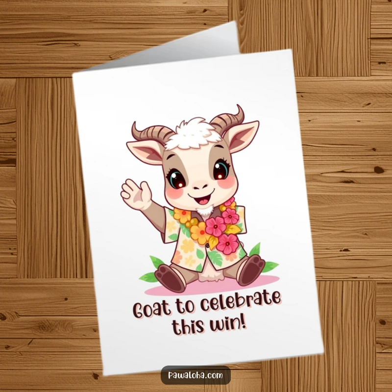 Funny free printable congratulations card: A goat in an Aloha shirt and lei cheers joyfully, signifying a triumphant celebration.