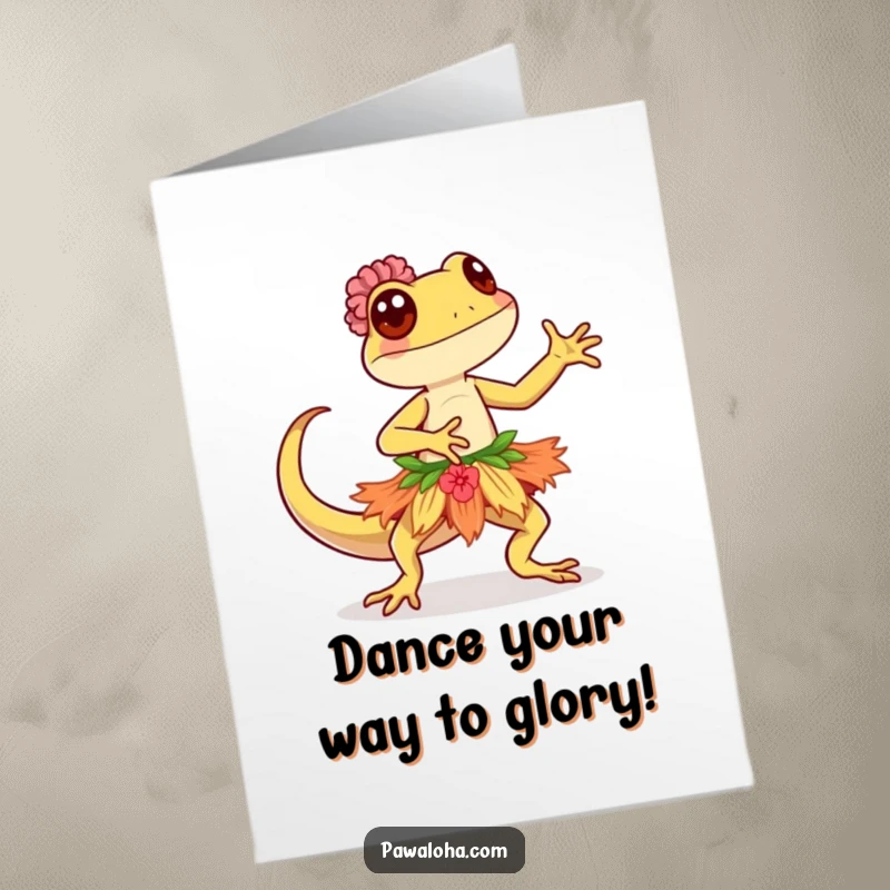 Funny Free Printable Congratulations Card of a kawaii gecko in a hula skirt, performing a lively and graceful dance in celebration.