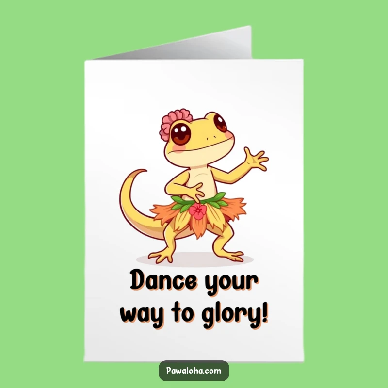 Free Printable Kawaii Gecko Hula Congratulations Card: Funny Dancer Downloadable Gift