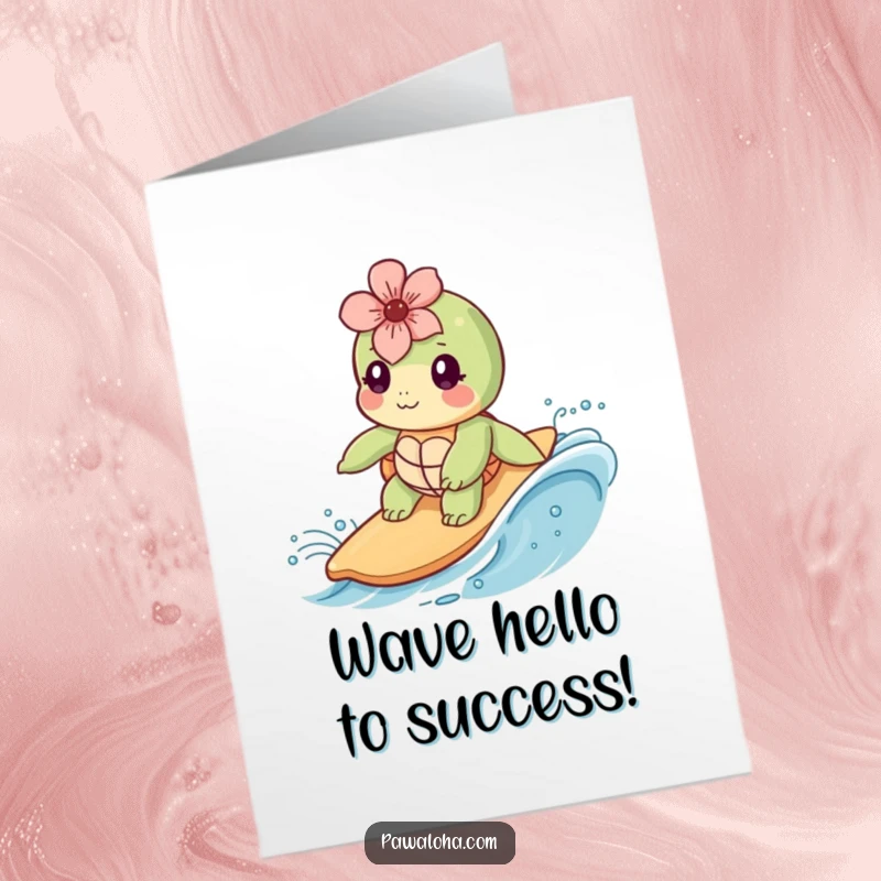 Funny Free Printable Congratulations Card showcasing a kawaii sea turtle surfer wearing a flower, celebrating a victory on a wave.