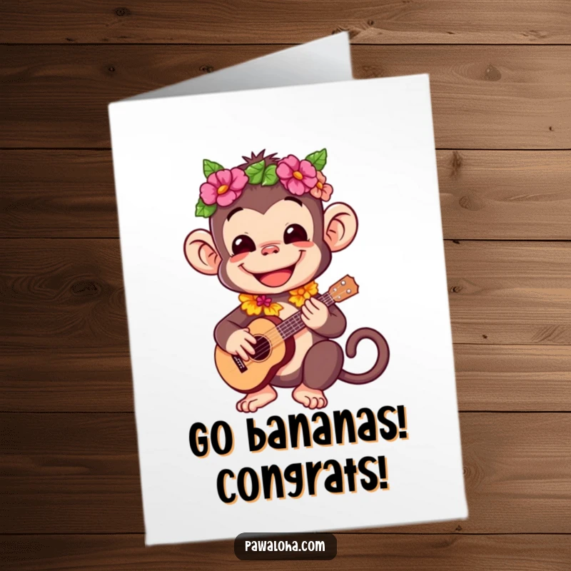 Funny Free Printable Congrats Card: Happy monkey with lei plays ukulele, perfect for a humorous downloadable gift.