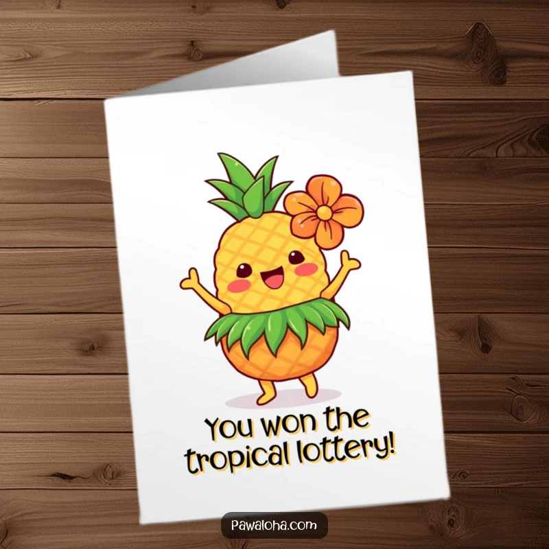 Funny free printable congratulations card featuring a dancing pineapple in a grass skirt with a flower.