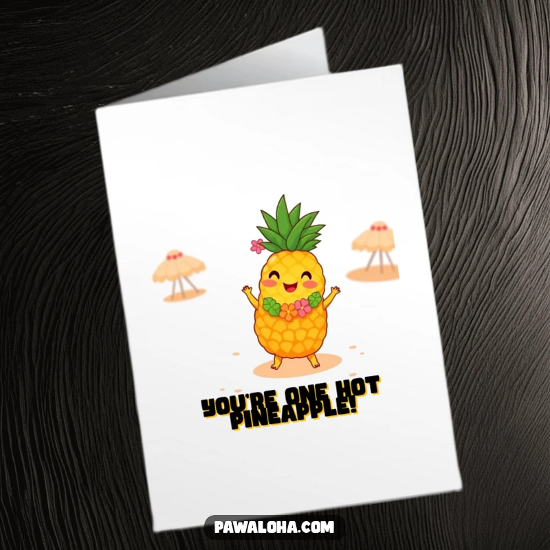 Funny Free Printable Congratulations Card: A pineapple wearing a lei, hula dancing on a beach, celebrating success with tropical energy.