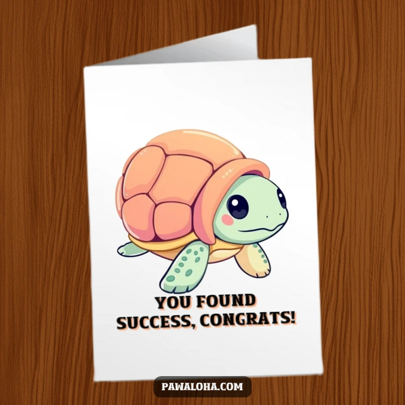Funny Free Printable Sea Turtle Congratulations Card: Curious sea turtle inspecting a colorful seashell, celebrating a find. Downloadable art.