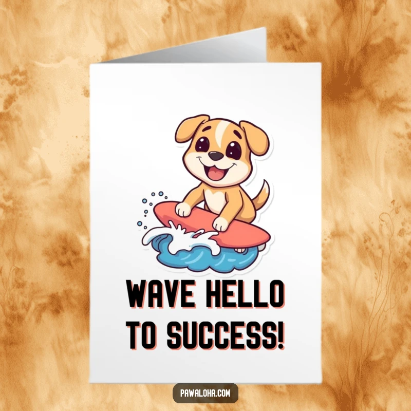 Funny Free Printable Surfing Dog Congratulations Card, a dog character riding a wave with a big grin, celebrating success.