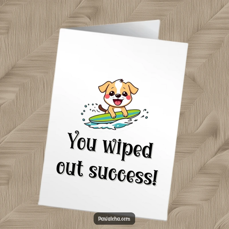 Funny Free Printable Congratulations Card showing a dog catching a wave with a huge grin, celebrating success.