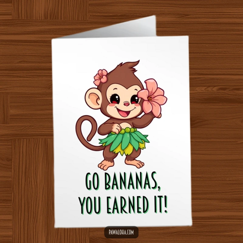 Funny Free Printable Congratulations Card: A playful monkey adorned with a flower dances the hula, celebrating your amazing achievement with joy.