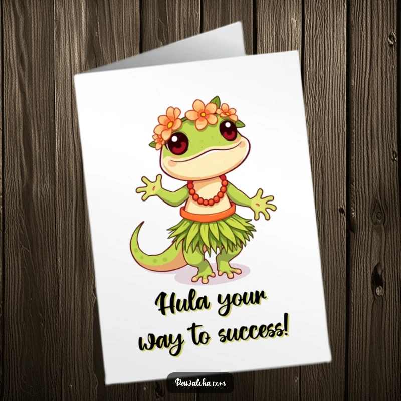 Funny Free Printable Congrats Card: Hula dancing gecko in grass skirt and flower crown, celebrating with tropical vibes.