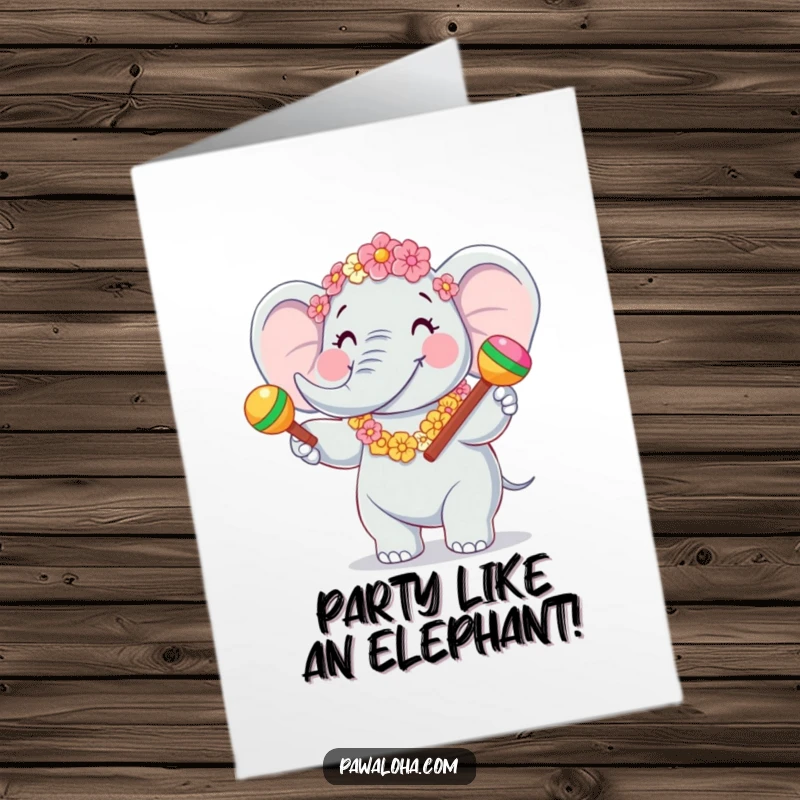 Funny free printable congratulations card: A happy elephant adorned with flowers shakes maracas enthusiastically to celebrate an achievement.