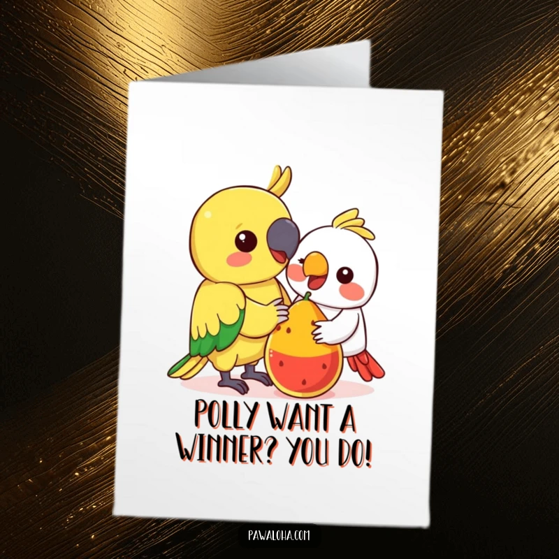 Funny Free Printable Congratulations Card: Kawaii parrot offering a colorful fruit to another, sharing the joy.