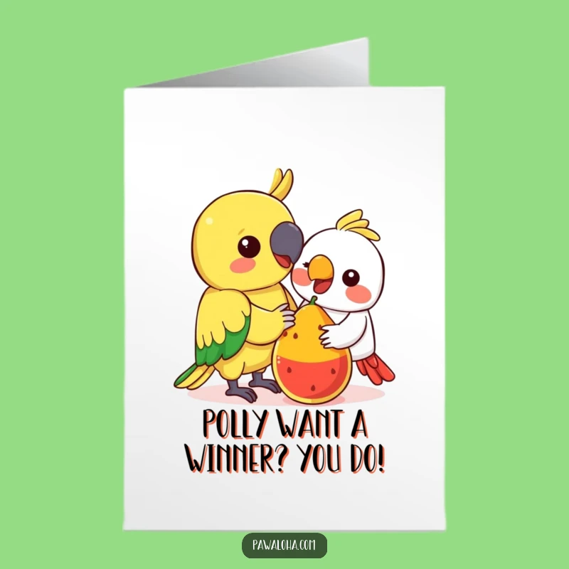 Free Printable Congrats Card: Funny Kawaii Parrot Fruit Celebration Downloadable Gift