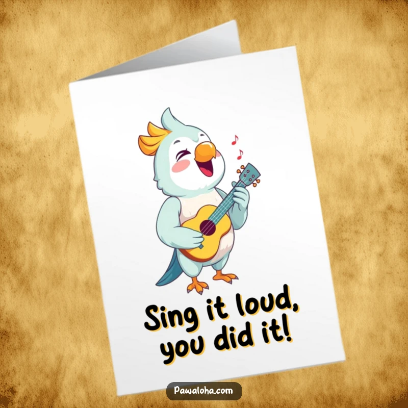 Funny Free Printable Congrats Card: A parrot strums a tiny ukulele and sings joyfully, celebrating a well-deserved victory.