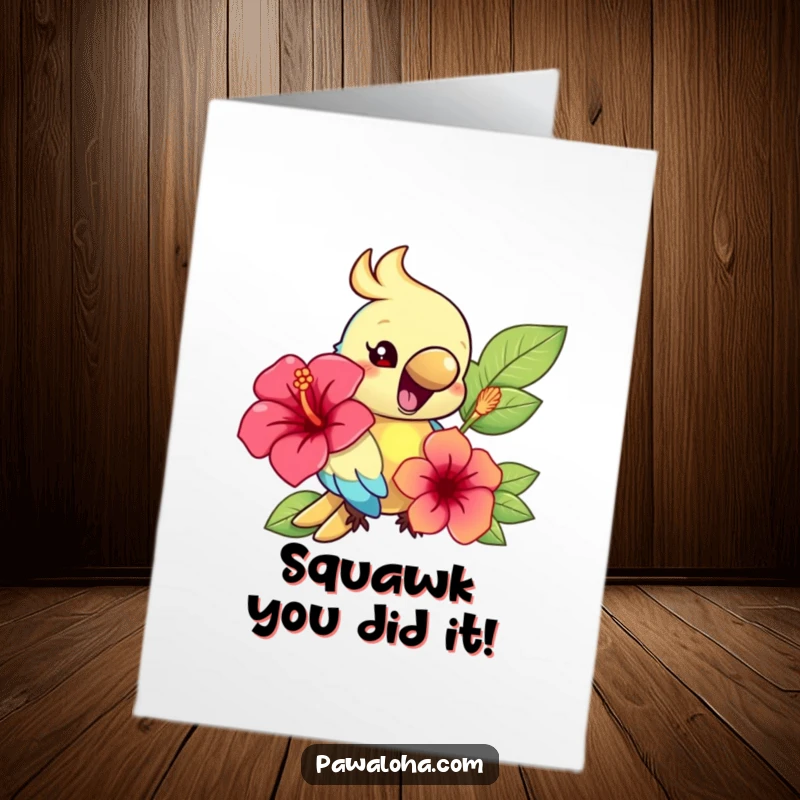 Funny Free Printable Congratulations Card: A cheerful parrot squawks happily, presenting a beautiful hibiscus flower.