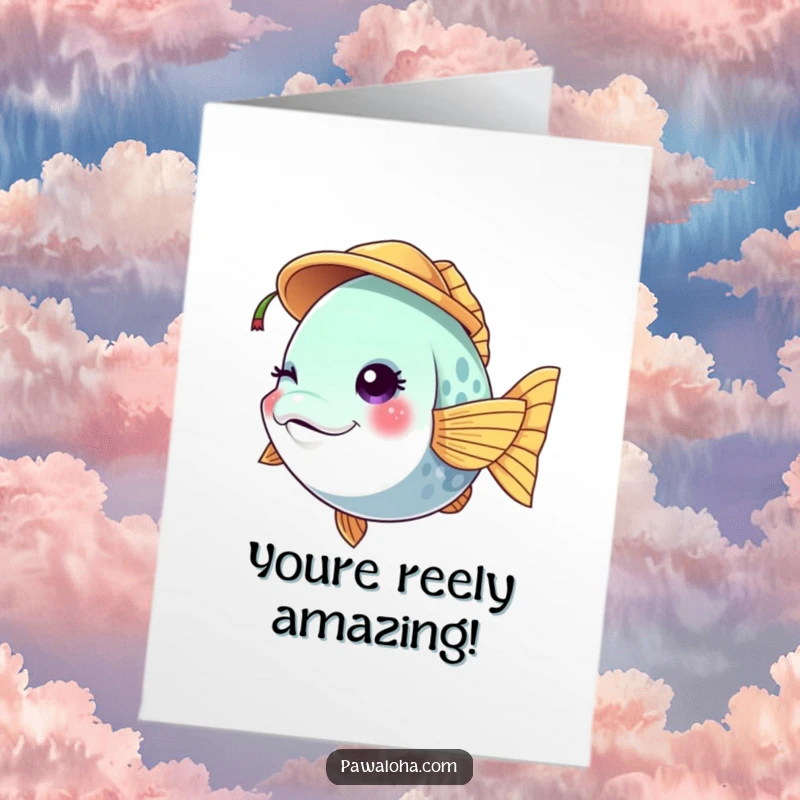 Funny Free Printable Congratulations Card with a winking fish in a coconut hat, celebrating success with a playful vibe.