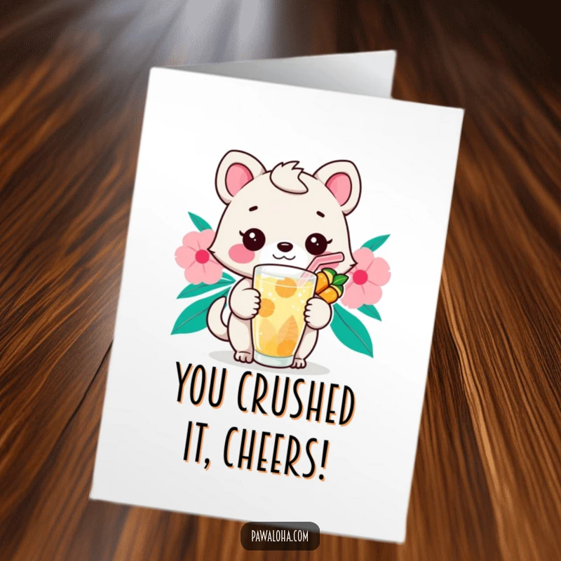Funny Free Printable Congrats Card: Kawaii animal holding a delightful tropical drink, celebrating their win.