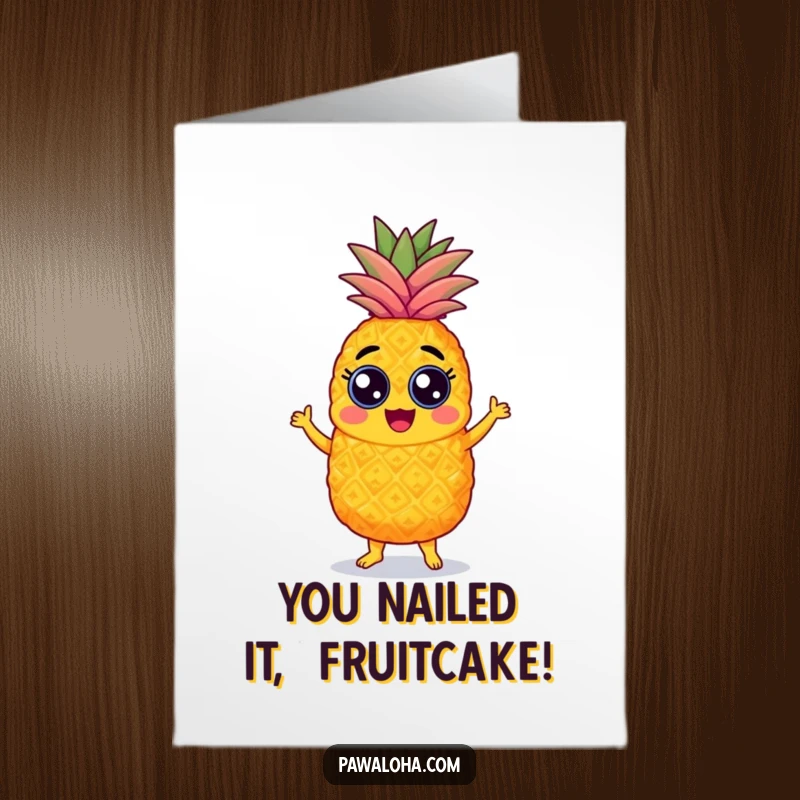 Funny Free Printable Congratulations Card: A happy pineapple with googly eyes dances the samba, perfect for celebrating achievements.