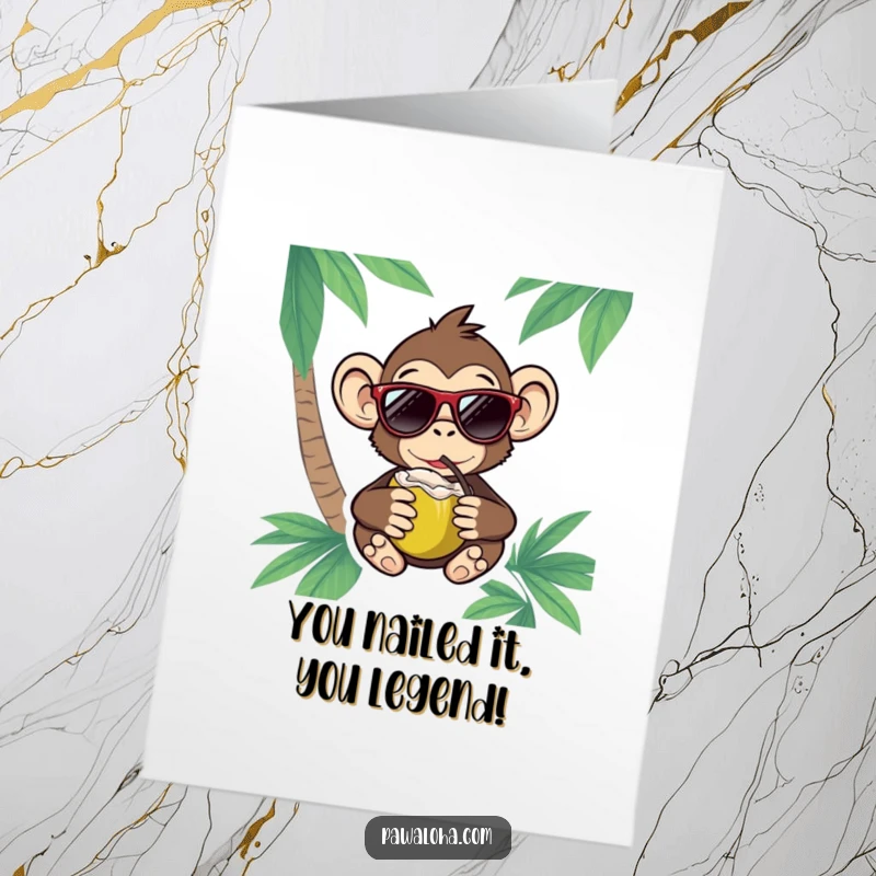 Funny Free Printable Congrats Card: A monkey in sunglasses casually drinks from a coconut, celebrating a big win with cool style.