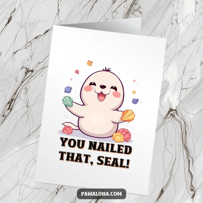 Funny Free Printable Congratulations Card: A seal expertly juggling seashells, celebrating success with impressive skill and joy.