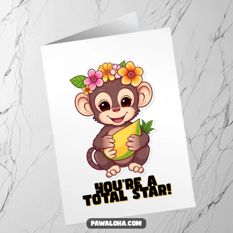 Funny Free Printable Congratulations Card: A charming monkey with a flower crown, offering tropical fruit to celebrate success.