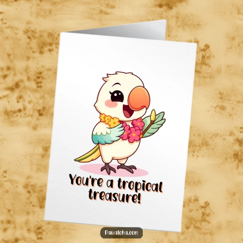 Funny Free Printable Congratulations Card featuring a kawaii parrot in a lei, joyfully performing a hula dance.