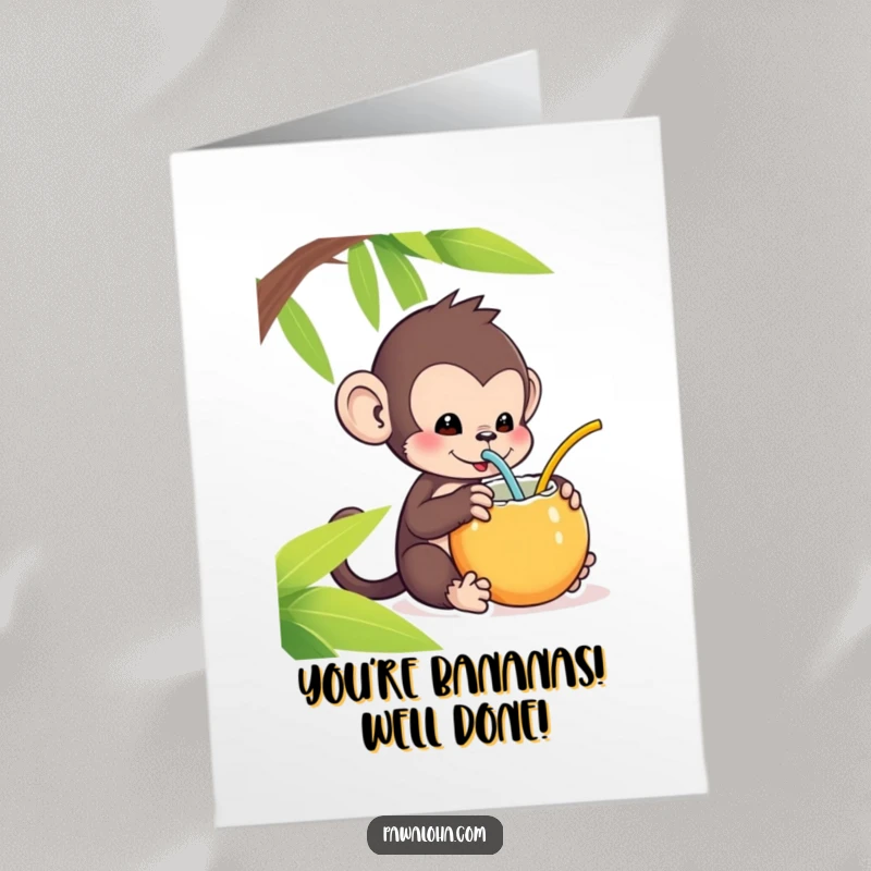 Funny Free Printable Congratulations Card: Kawaii monkey happily sipping a coconut drink with a straw, toasting success.