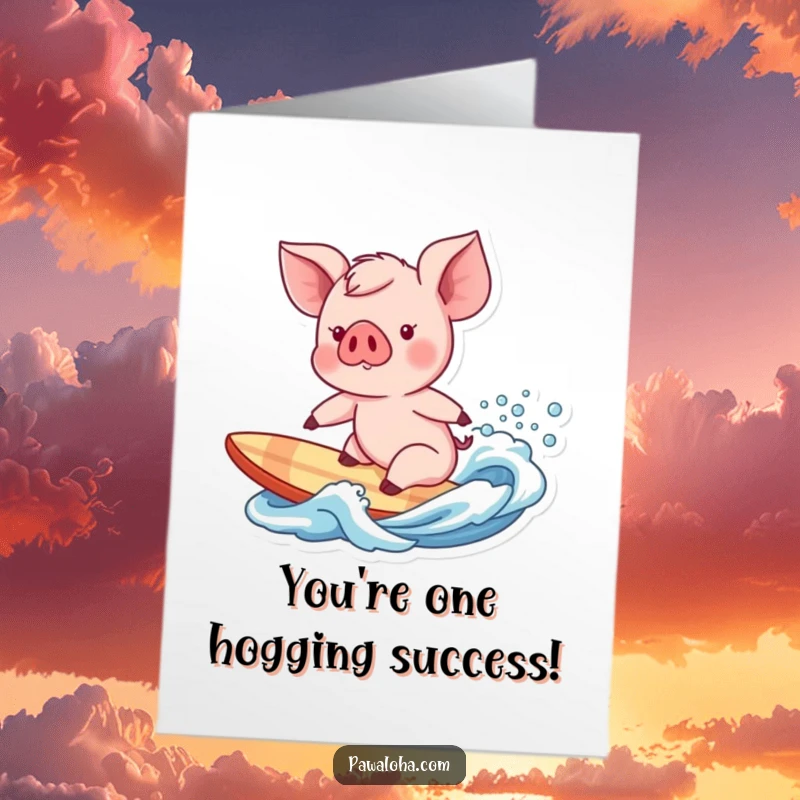 Funny Free Printable Congratulations Card: Piglet character poised to surf a wave, celebrating an achievement.