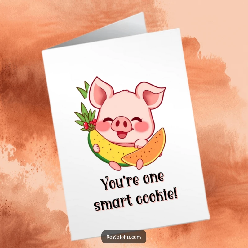 Funny Free Printable Congratulations Card: Pig character beaming with joy, holding a tropical fruit slice.